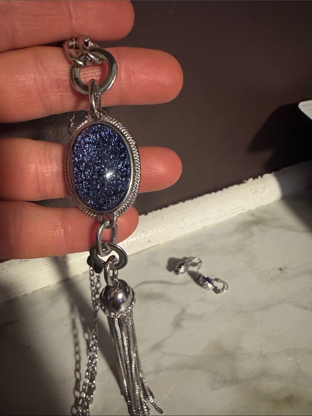 Set Silver Necklace with Dark Blue Druzy Pendant and Tassel